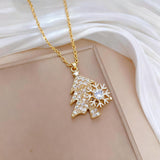 Golden Rotating snowflake Christmas Tree Pendant Necklace - Titanium Steel - Micro Pave Cubic Zirconia, Adjustable 40+5cm Chain, Festive Holiday Gift for Women