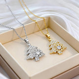 Golden Rotating snowflake Christmas Tree Pendant Necklace - Titanium Steel - Micro Pave Cubic Zirconia, Adjustable 40+5cm Chain, Festive Holiday Gift for Women