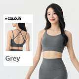 Grey M Size One-piece sports bra with thin straps - Nylon - Fixed Cup, Adjustable Back Closure, Cross Back Straps, Breathable Fabric for Yoga and Gym