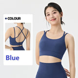 Blue XL Size One-piece sports bra with thin straps - Nylon - Fixed Cup, Adjustable Back Closure, Cross Back Straps, Breathable Fabric for Yoga and Gym