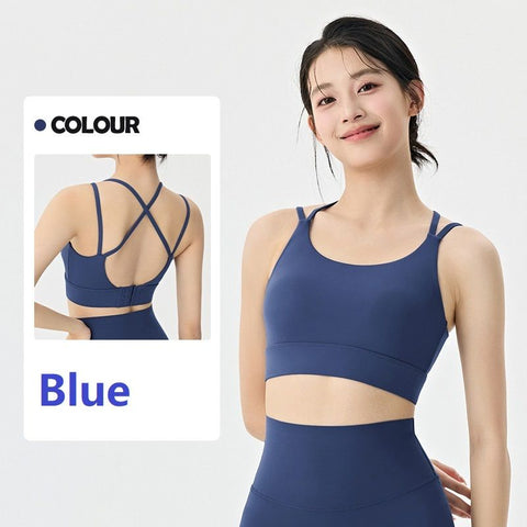 Blue XL Size One-piece sports bra with thin straps - Nylon - Fixed Cup, Adjustable Back Closure, Cross Back Straps, Breathable Fabric for Yoga and Gym