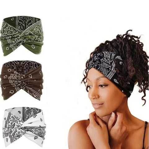 3 Pack Bohemian Paisley Sports Headband（Green and Coffee and White）- Polyester - 18cm Wide Sweat Wicking Stretch Head Wrap for Yoga Running Gym Hair Accessory In Australia - Darrahopens