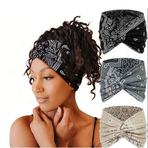 3 Pack Bohemian Paisley Sports Headband（Black and Grey and Beige）- Polyester - 18cm Wide Sweat Wicking Stretch Head Wrap for Yoga Running Gym Hair Accessory