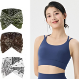 Outdoor sports combination-Blue XL Size thin shoulder straps Sports Bra with Adjustable Back Buckle and 3 Pack 18cm Boho Paisley Headband Set（Green and Coffee and White） - Breathable Fixed Cup Yoga Top and Wide Elastic Hair Band for Gym Running and Daily