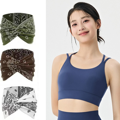 Outdoor sports combination-Blue XL Size thin shoulder straps Sports Bra with Adjustable Back Buckle and 3 Pack 18cm Boho Paisley Headband Set（Green and Coffee and White） - Breathable Fixed Cup Yoga Top and Wide Elastic Hair Band for Gym Running and Daily
