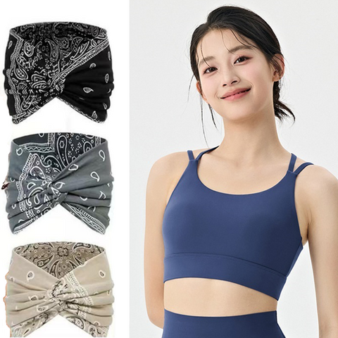 Outdoor sports combination-Blue XL Size thin shoulder straps Sports Bra with Adjustable Back Buckle and 3 Pack 18cm Boho Paisley Headband Set（Black and Grey and Beige） - Breathable Fixed Cup Yoga Top and Wide Elastic Hair Band for Gym Running and Daily We