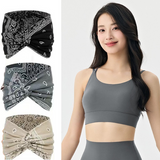 Outdoor sports combination-Grey L Size thin shoulder straps Sports Bra with Adjustable Back Buckle and 3 Pack 18cm Boho Paisley Headband Set（Black and Grey and Beige） - Breathable Fixed Cup Yoga Top and Wide Elastic Hair Band for Gym Running and Daily Wea