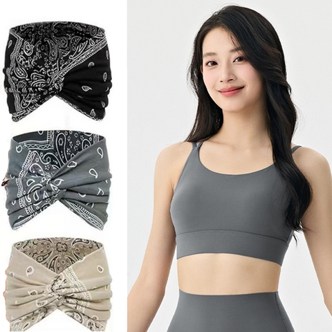 Outdoor sports combination-Grey XL Size thin shoulder straps Sports Bra with Adjustable Back Buckle and 3 Pack 18cm Boho Paisley Headband Set（Black and Grey and Beige） - Breathable Fixed Cup Yoga Top and Wide Elastic Hair Band for Gym Running and Daily We