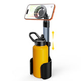 2-in-1 Magnetic Car Cup Holder Phone Mount - Adjustable Height Aluminum Alloy Cup Base with 360 Degree Rotation for Dashboard and Console, Universal Fit for Bottles and Navigation