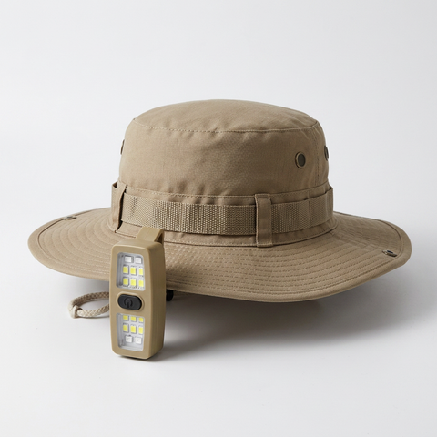 Khaki Outdoor Sun Protection and Safety Light Bundle - Foldable Polyester Bucket Hat with Wide Brim and Adjustable Chin Strap plus Rechargeable Mini Clip LED Safety Light for Hiking Camping Night Running In Australia - Darrahopens