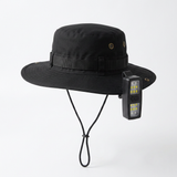 Black Outdoor Sun Protection and Safety Light Bundle - Foldable Polyester Bucket Hat with Wide Brim and Adjustable Chin Strap plus Rechargeable Mini Clip LED Safety Light for Hiking Camping Night Running