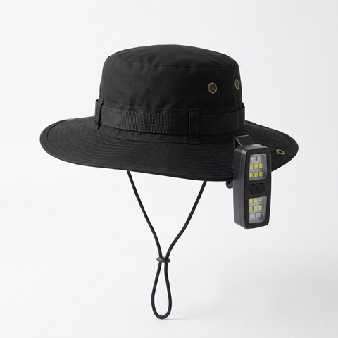 Black Outdoor Sun Protection and Safety Light Bundle - Foldable Polyester Bucket Hat with Wide Brim and Adjustable Chin Strap plus Rechargeable Mini Clip LED Safety Light for Hiking Camping Night Running