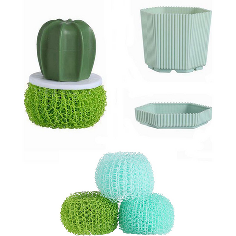 Cactus-shaped nano cleaning brush set with 3 pack green replacement heads and Green storage box - PP Material, Non-Scratch Design, Multi-Purpose Kitchen Scrubber for Pots, Pans and Dishes - Space Saving Storage, Easy Grip Ergonomic Shape