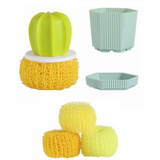 Cactus-shaped nano cleaning brush set with 3 pack yellow replacement heads and Green storage box - PP Material, Non-Scratch Design, Multi-Purpose Kitchen Scrubber for Pots, Pans and Dishes - Space Saving Storage, Easy Grip Ergonomic Shape