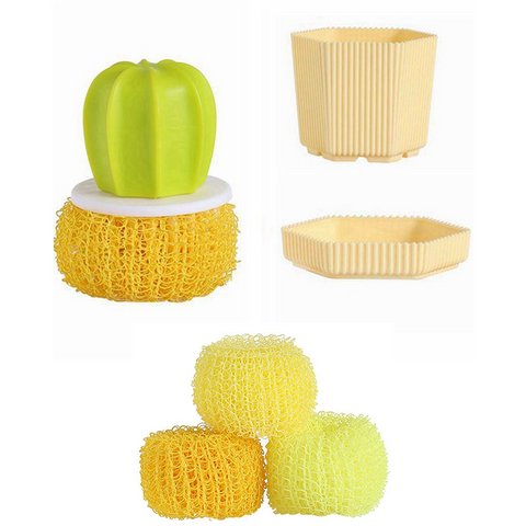 Cactus-shaped nano cleaning brush set with 3 pack yellow replacement heads and Yellow storage box - PP Material, Non-Scratch Design, Multi-Purpose Kitchen Scrubber for Pots, Pans and Dishes - Space Saving Storage, Easy Grip Ergonomic Shape
