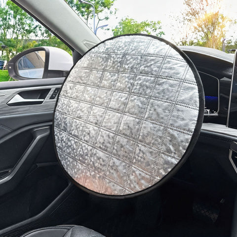 Silvery Reflective Steering Wheel Sun Shade Cover - Universal Fit Aluminum Foil Heat Shield, 43cm Diameter, Prevents Hot Steering Wheel, Easy Install, Foldable for Storage