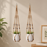 2 Pack Macrame Plant Hanger (Brown)- 90cm Cotton Rope Hanging Planter Basket with Beads, Boho Home Decor for Indoor Outdoor Plants