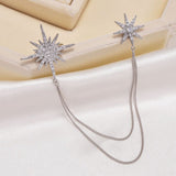 Asymmetric Star Chain Brooch - Rhinestone Double Star Pin with Layered Chains, Elegant Lapel Badge for Women Blazer Coat Dress, Silver Tone