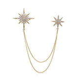 Asymmetric Star Chain Brooch - Rhinestone Double Star Pin with Layered Chains, Elegant Lapel Badge for Women Blazer Coat Dress, Gold Tone