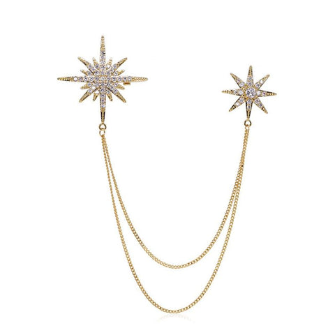 Asymmetric Star Chain Brooch - Rhinestone Double Star Pin with Layered Chains, Elegant Lapel Badge for Women Blazer Coat Dress, Gold Tone