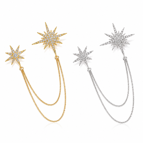 2 Pack Asymmetric Star Chain Brooch Set - Rhinestone Double Star Pins with Layered Chains, Gold and Silver Tone Elegant Lapel Badges for Women Blazer Coat Dress In Australia - Darrahopens