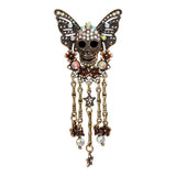 Gothic Skull Butterfly Brooch with Tassel - Vintage Rhinestone Skeleton Pin with Dangling Charms, Dark Aesthetic Statement Badge for Coat Sweater, 11.3cm
