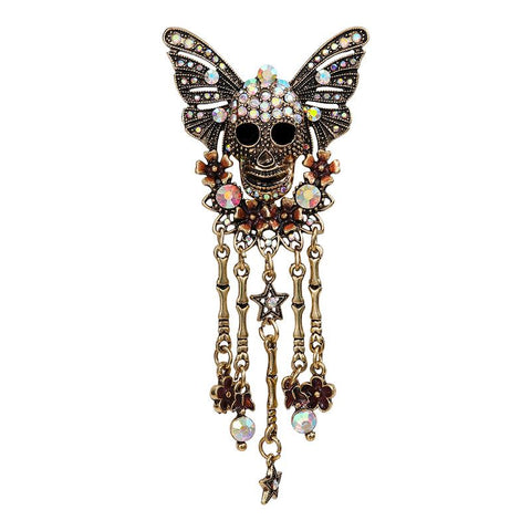 Gothic Skull Butterfly Brooch with Tassel - Vintage Rhinestone Skeleton Pin with Dangling Charms, Dark Aesthetic Statement Badge for Coat Sweater, 11.3cm