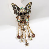 Gothic Skull Butterfly Brooch with Tassel - Vintage Rhinestone Skeleton Pin with Dangling Charms, Dark Aesthetic Statement Badge for Coat Sweater, 11.3cm