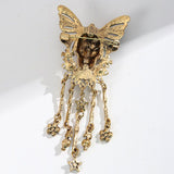 Gothic Skull Butterfly Brooch with Tassel - Vintage Rhinestone Skeleton Pin with Dangling Charms, Dark Aesthetic Statement Badge for Coat Sweater, 11.3cm