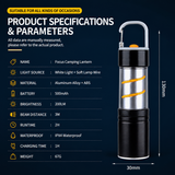 Rechargeable LED Torch and Camping Lantern - 500mAh Battery, 3 Light Modes, USB-C Charging, Zoomable Beam and Carabiner Hook for Hiking and Outdoor Use