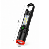 Rechargeable LED Torch with COB Work Light - 1200mAh Battery, 5 Light Modes, USB-C Charging, Zoomable Beam and Carabiner Hook for Camping