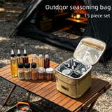 Camping Spice Kit 15 Piece - Khaki Oxford Cloth Storage Bag with PET Bottles, Organised Portable Condiment Set for Camping, BBQ, Picnics and Outdoor Cooking