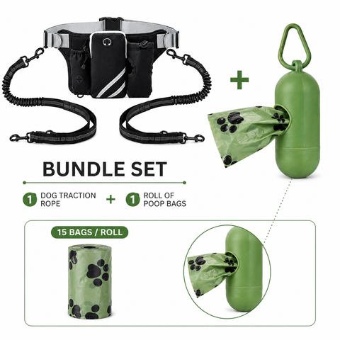 Hands Free Dog Leash Running Belt with Adjustable Bungee Lead(Black), Multi Pocket Outdoor Waist Bag and Free Roll of 15 Poop Bags for Walking, Jogging and Running In Australia - Darrahopens