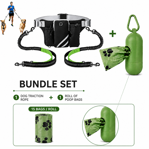 Hands Free Dog Leash Running Belt with Adjustable Bungee Lead(Fluorescent green), Multi Pocket Outdoor Waist Bag and Free Roll of 15 Poop Bags for Walking, Jogging and Running In Australia - Darrahopens