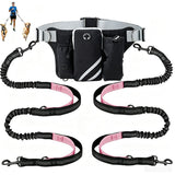 Hands Free Dog Leash Running Belt with Adjustable Bungee Lead(Pink), Multi Pocket Outdoor Waist Bag and Free Roll of 15 Poop Bags for Walking, Jogging and Running