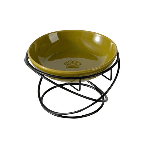 Raised Ceramic Pet Bowl with  Metal Stand Green - Paw Print Cat and Dog Feeding Bowl, Removable Easy-Clean Dish with Elevated Design for Food and Water