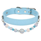 Detachable Beaded Dog Collar - Sky Blue Microfiber PU Leather, Zinc Alloy Hardware, Adjustable L Size 28-36cm Neck, 2cm Wide Decorative Pet Collar for Dog