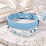 Detachable Beaded Dog Collar - Sky Blue Microfiber PU Leather, Zinc Alloy Hardware, Adjustable L Size 28-36cm Neck, 2cm Wide Decorative Pet Collar for Dog
