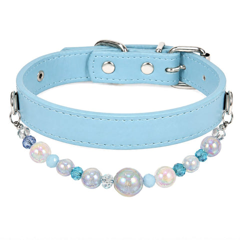 Detachable Beaded Dog Collar - Sky Blue Microfiber PU Leather, Zinc Alloy Hardware, Adjustable XL Size 36-46cm Neck, 2.5cm Wide Decorative Pet Collar for Dogs In Australia - Darrahopens