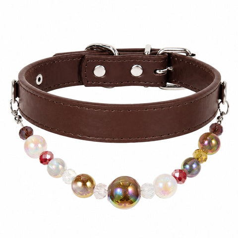 Detachable Beaded Dog Collar - Brown Microfiber PU Leather, Zinc Alloy Hardware, Adjustable L Size 28-36cm Neck, 2cm Wide Decorative Pet Collar for Dog