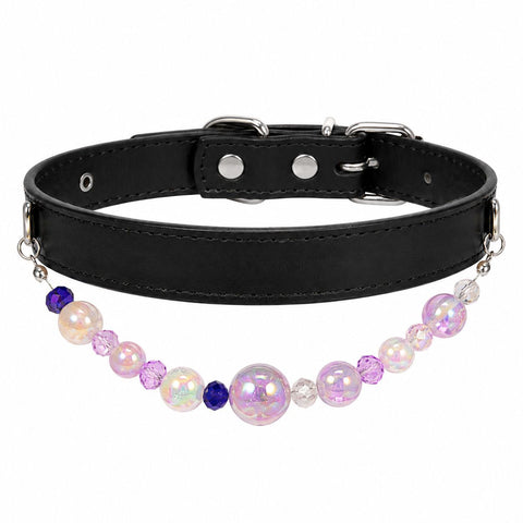 Detachable Beaded Dog Collar - Black Microfiber PU Leather, Zinc Alloy Hardware, Adjustable S Size 20-28cm Neck, Decorative Pet Collar for Small Dogs