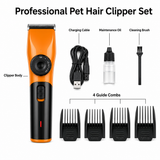 Orange Rechargeable Pet Hair Clippers – Cordless Dog & Cat Grooming Trimmer with Adjustable Cutting Length, Guide Combs, USB Charging & Grooming Accessories