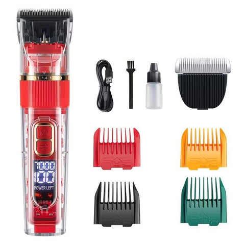 Rechargeable Pet Hair Clippers Red - 2000mAh Dog and Cat Grooming Trimmer with Transparent Housing, Smart Digital Display, Adjustable Cutting Length and Guide Combs