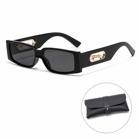 Rectangle Sunglasses with Leopard Detail - Black PC Frame, Grey Tinted Lenses, Unisex Fashion Eyewear with Black Glasses Storage Pouch In Australia - Darrahopens