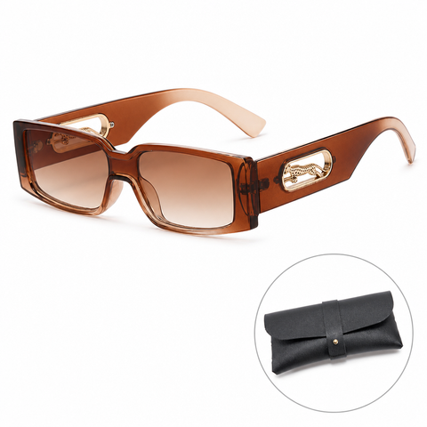Rectangle Sunglasses with Leopard Detail - Gradient brown PC Frame, Unisex Fashion Eyewear with Black Glasses Storage Pouch