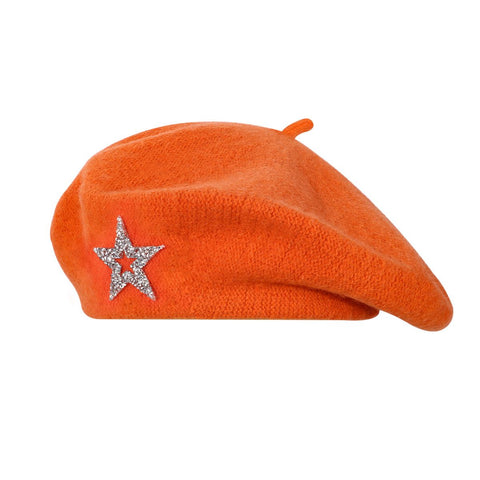 Women's Wool Blend Beret Hat - Orange French Style Painter Cap with Sparkling Rhinestone Star Detail, Soft Knit Fashion Headwear for Autumn and Winter