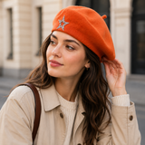 Women's Wool Blend Beret Hat - Orange French Style Painter Cap with Sparkling Rhinestone Star Detail, Soft Knit Fashion Headwear for Autumn and Winter