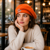 Women's Wool Blend Beret Hat - Orange French Style Painter Cap with Sparkling Rhinestone Star Detail, Soft Knit Fashion Headwear for Autumn and Winter