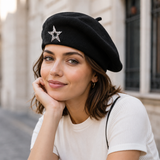 Women's Wool Blend Beret Hat -Black French Style Painter Cap with Sparkling Rhinestone Star Detail, Soft Knit Fashion Headwear for Autumn and Winter In Australia - Darrahopens