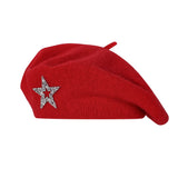 Women's Wool Blend Beret Hat -Red French Style Painter Cap with Sparkling Rhinestone Star Detail, Soft Knit Fashion Headwear for Autumn and Winter In Australia - Darrahopens
